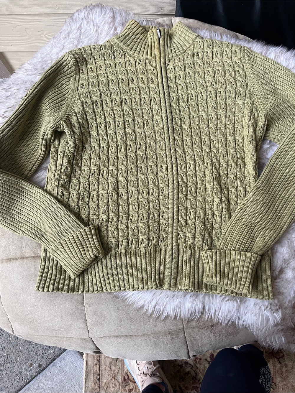 Cable-Knit Zip Cardigan Sweater - Sage Green